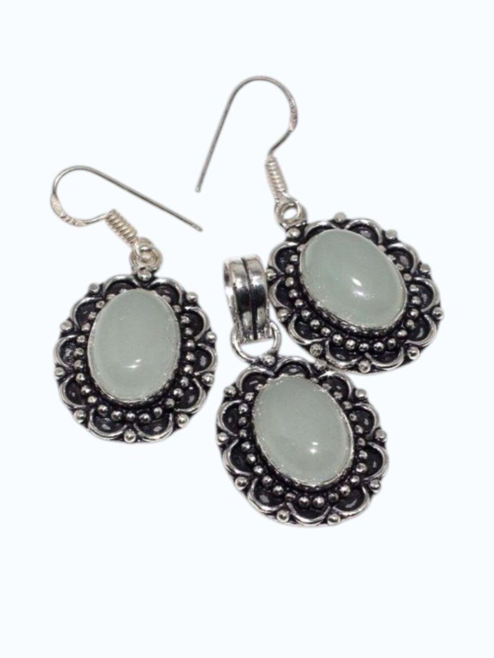 Aqua Chalcedony Pendant 1.5" Earrings 1.6" Set